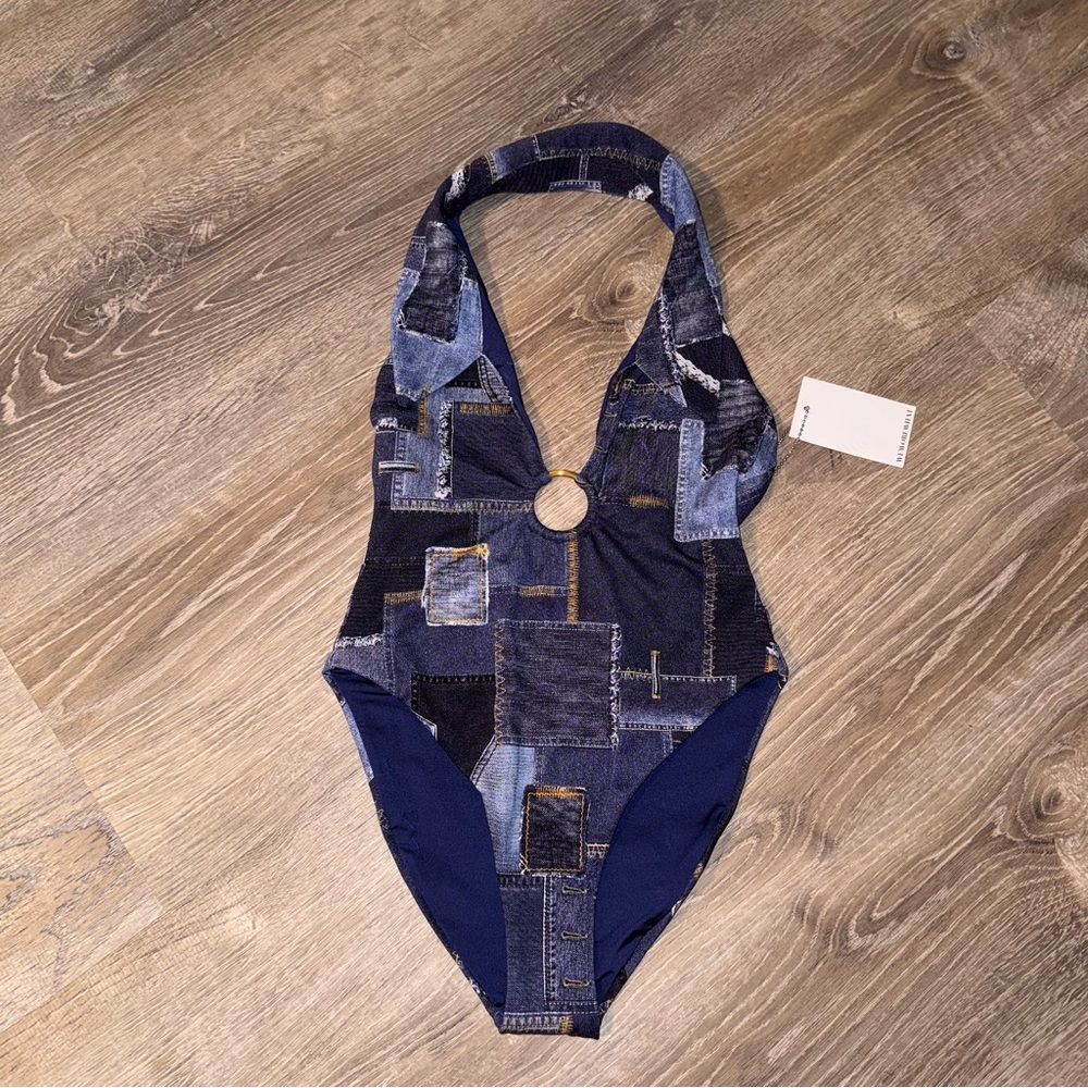 WeWoreWhat collar racerback denim patchwork one piece swimsuit blue XS NWT - Picture 3 of 15